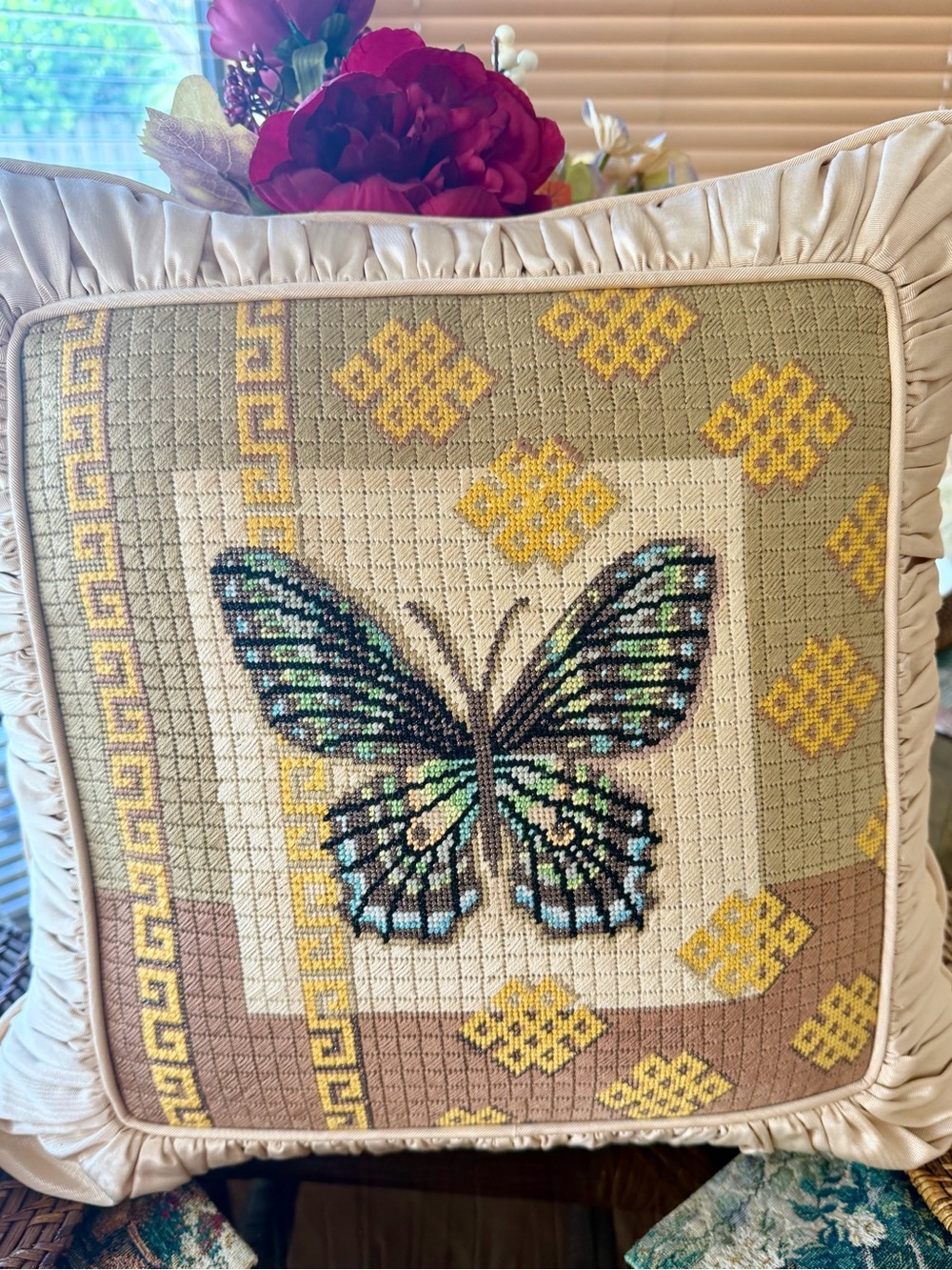 Handcrafted Butterfly Needlepoint Throw Pillow Cover Ruched Taffeta Zipper